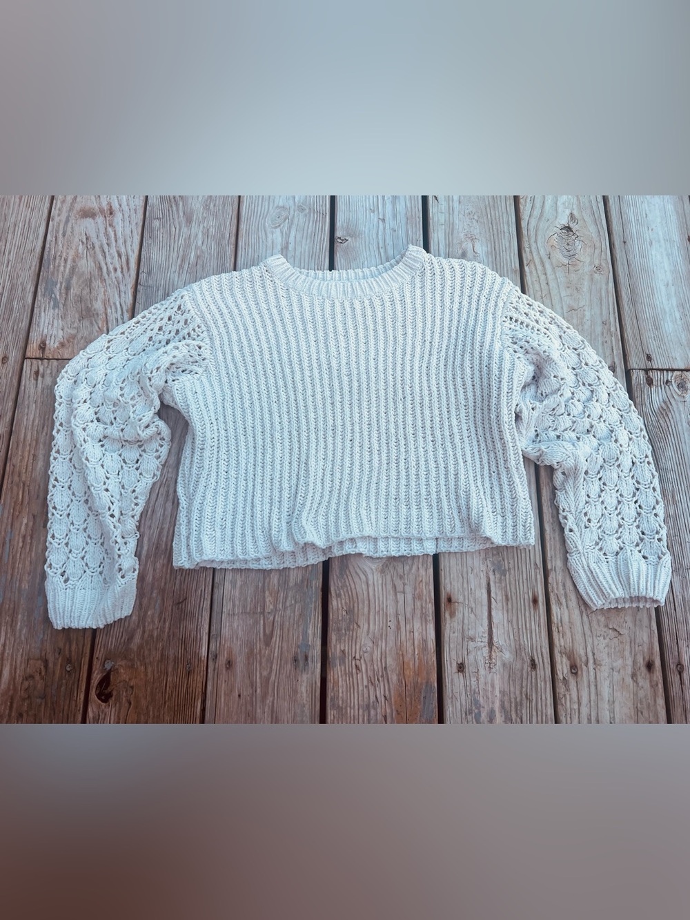Women's Cream Crochet-Sleeve Cropped Crewneck Sweater